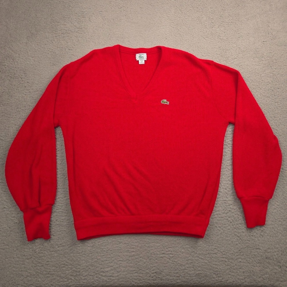 Izod Lacoste Sweater V‎ Neck Acrylic Mens XL Red Knit Pullover Vintage USA